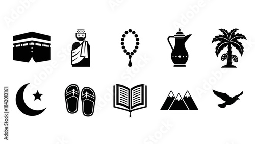 Islamic symbols and icons set in black and white isolated on white