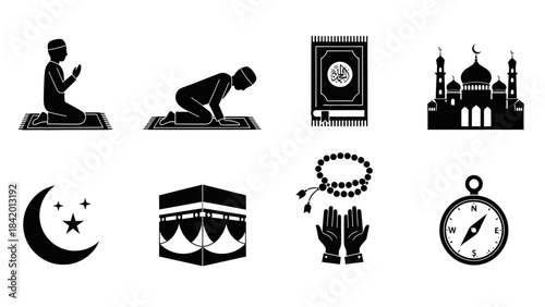 Islamic symbols and icons prayer mosque kaaba and crescent moon vector set