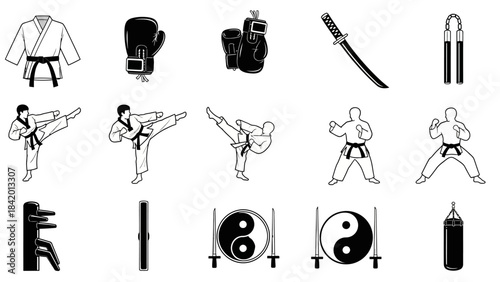 Martial arts equipment and figures vector set for training and education