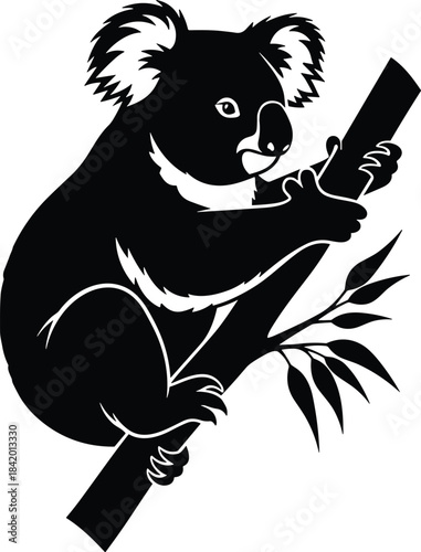 Black Silhouette of a Cute Australian Koala Bear Climbing and Clinging to a Tree Branch, Isolated Vector Illustration for Wildlife, Nature, and Animal Concepts