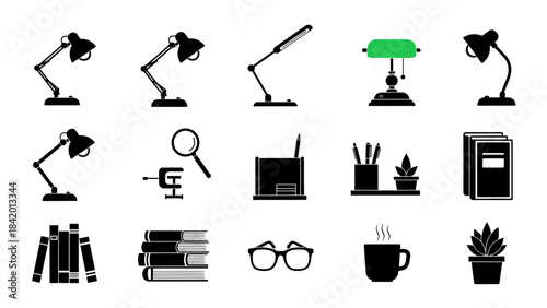 Office desk items collection lamps books accessories in silhouette