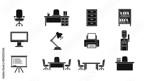Office equipment silhouettes desk chair printer and workplace essentials