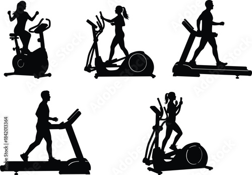 Active People on Exercise Equipment Silhouettes Vector Set featuring Treadmills, Elliptical Trainers, and Stationary Bikes for Gym, Health, and Fitness Designs.