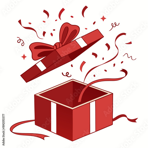 Open Red Gift Box with Flying Confetti Surprise with vector illustration