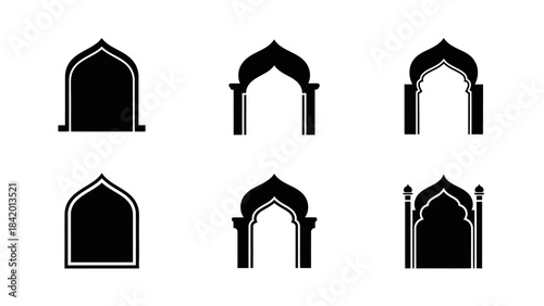 Set of black islamic archway silhouettes on white background design elements