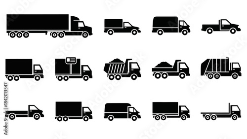 Set of black truck silhouettes for transportation and delivery designs