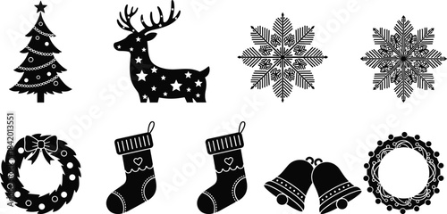 Black Silhouette Icon Set of Christmas and Winter Holiday Elements Tree, Reindeer, Stockings, Wreaths, Bells, and Snowflakes Vector Collection.
