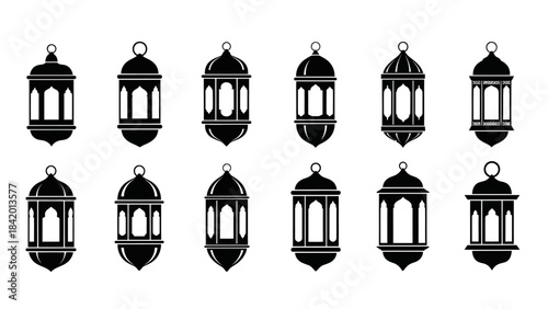 Set of decorative lanterns in black and white vector illustration