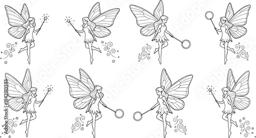 Black and White Line Art Set of Eight Flying Fairies, Featuring Magical Wands, Butterfly Wings, Bubbles, and Star Trails Vector Illustrations.