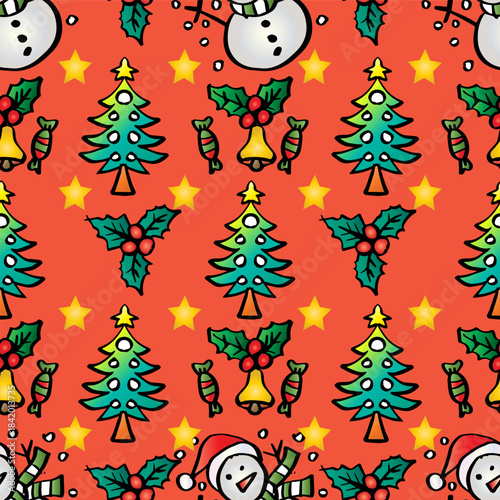 Christmas seamless pattern with snowman, holly berry, cristmas tree and mistletoe.
