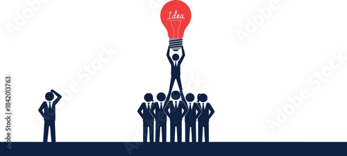 Business teamwork lifting leader holding bright idea light bulb symbolizing innovation, support, creativity, leadership, problem-solving, collaboration, and corporate success.