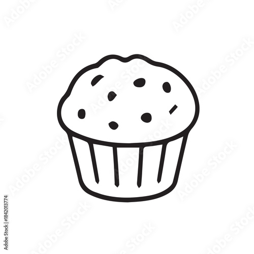 A clean, minimalist vector design of a cupcake in a striped wrapper, finished with white cream and sprinkles. Perfect for conveying joy and dessert themes.