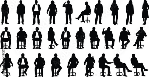 Collection of diverse business people silhouettes standing and sitting in various professional poses for corporate design, presentation, office illustration, and branding projects.