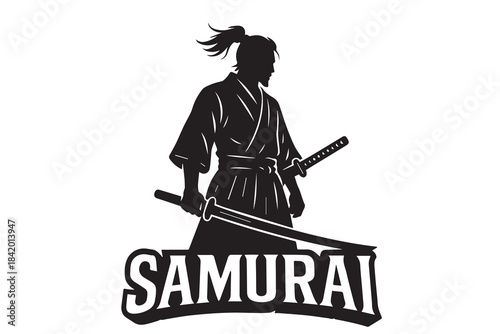 Vector silhouette depicting a male samurai in authentic traditional clothing, holding a katana sword with precision and honor, embodying the ancient warrior spirit of feudal Japan perfectly.