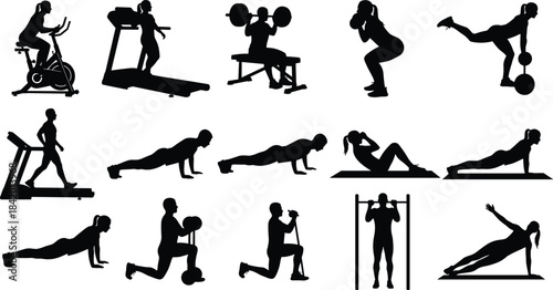 Collection of fitness workout silhouettes showing various exercise movements, strength training, cardio routines, and gym activities for health, sports, and training illustrations.