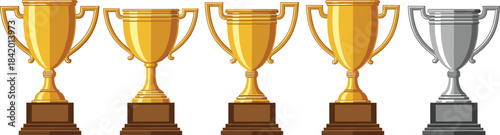 Collection of gold and silver trophy cups symbolizing achievement, success, competition, recognition, and awards, ideal for sports, victory, and excellence concepts.
