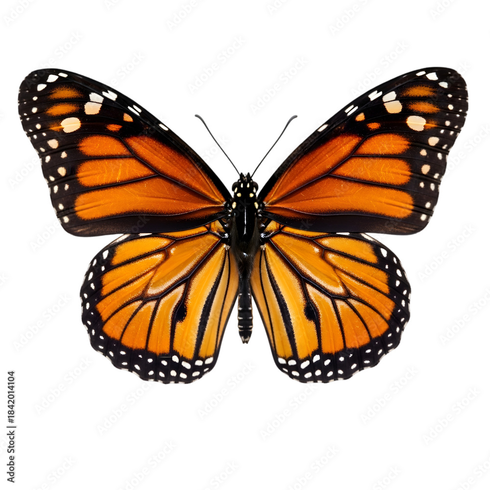 Fototapeta premium Monarch butterfly wings spread detailed view isolated on transparent background