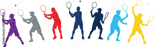 Colorful tennis player silhouettes performing dynamic strokes and movements, perfect for sports illustrations, fitness concepts, athletic branding, and energetic design projects