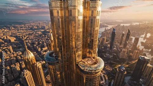 A breathtaking cinematic view of a futuristic city skyline illuminated by a towering modern skyscraper made entirely of shimmering gold, radiating luxury and architectural grandeur