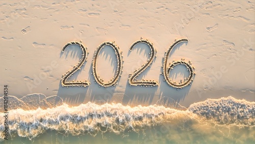 Aerial view of 2026 written in sand on a beach shore