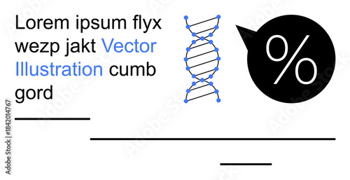 Genetics, science education, data analysis, theoretical research, conceptual ideas, molecular biology. DNA helix next to percentage bubble illustration. Genetics and science education concept
