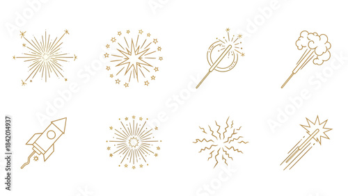 Golden fireworks and rockets icons set, symbolizing celebration, New Year, and explosive joy with shimmering effects