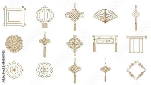 Elegant collection of oriental cultural decorative line art icons featuring traditional lanterns, intricate knots, and classic fans, ideal for festive design projects and historical themes