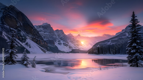 Main Subject: A panoramic view of snow-capped mountains and a vast snow-covered valley.