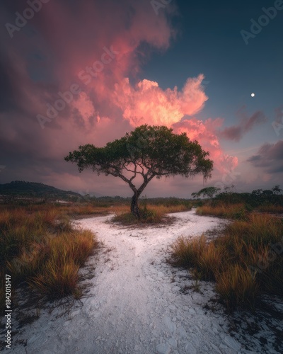 Forked path leads to solitary tree under dramatic sunset sky.