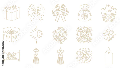 Festive decorative elements, including gift boxes, bows, lanterns, bags, and floral ornaments for celebrations and special occasions