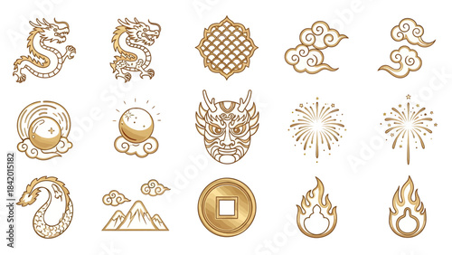 Intricate Vector Icon Collection Showcasing Golden East Asian Motifs, Featuring Mythical Dragons, Auspicious Clouds, Traditional Fortune Symbols, and Cultural Elements for Design Projects