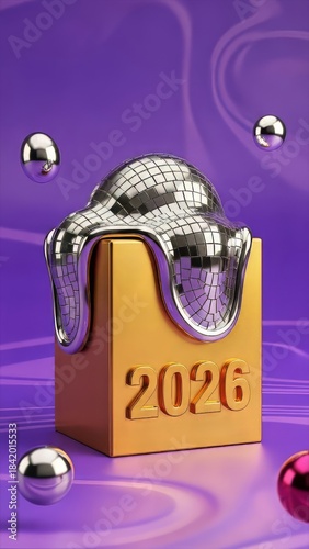 Futuristic 2026 concept with metallic sphere and reflective surface