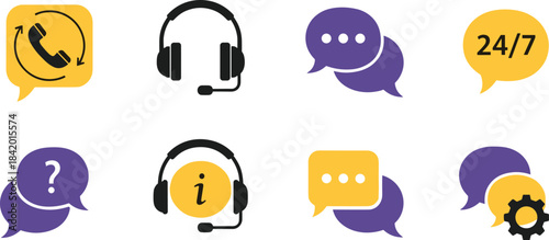 Customer Support Service Icon Set Helpdesk Call Center Chat Communication Assistance Information Question Technical 24/7 Helpline Contact Us Symbols