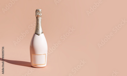 An unbranded sparkling wine bottle, classic shape, completely coated with a white matt finish. Copy space. 
