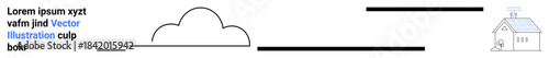 Digital communication, rural internet, data transmission, minimal architecture, cloud computing, connectivity. Simplistic design with cloud, horizontal lines and a house. Digital communication