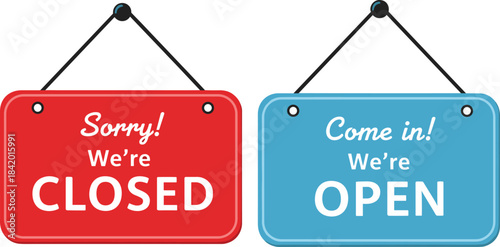 Open and Closed Hanging Signs Retail Business Status Come In Sorry We Are Temporarily Available Store Shop Door Notice