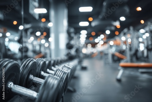 Row of dumbbells in a dimly lit gym with bokeh lights.