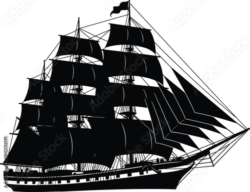 Black Silhouette of a Large Vintage Clipper Ship or Tall Sailing Vessel with Full Sails, Isolated Vector Illustration for Maritime, History, and Ocean Travel Concepts