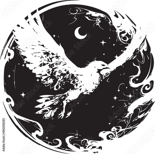 Phoenix Soaring into the Night: An awe-inspiring illustration of a phoenix takes flight against a moonlit sky, encircled by a celestial design. This art piece represents rebirth and renewal.