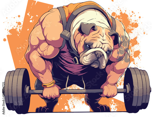 Bulldog's Iron Will: A muscular bulldog exemplifies the spirit of perseverance, lifting a barbell with determination in a dynamic illustration, perfect for fitness concepts.