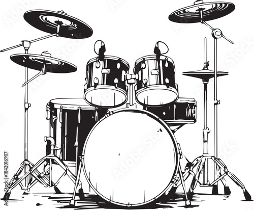 Rhythm Echoes: A detailed monochrome depiction of a complete drum set, poised and ready to unleash a symphony of beats, emphasizing the core elements and instruments.