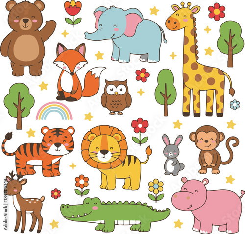 seamless cartoon animal pattern vector illustration
