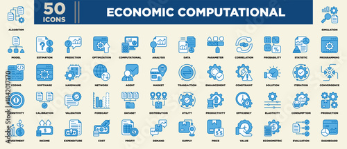 Economic Computational Icon Set Blue White