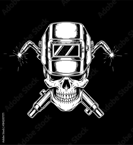 Vintage Gritty Welder Skull Wearing Safety Mask with Crossed Torches and Sparks White Vector Illustration on Black Background for T-Shirt Design.