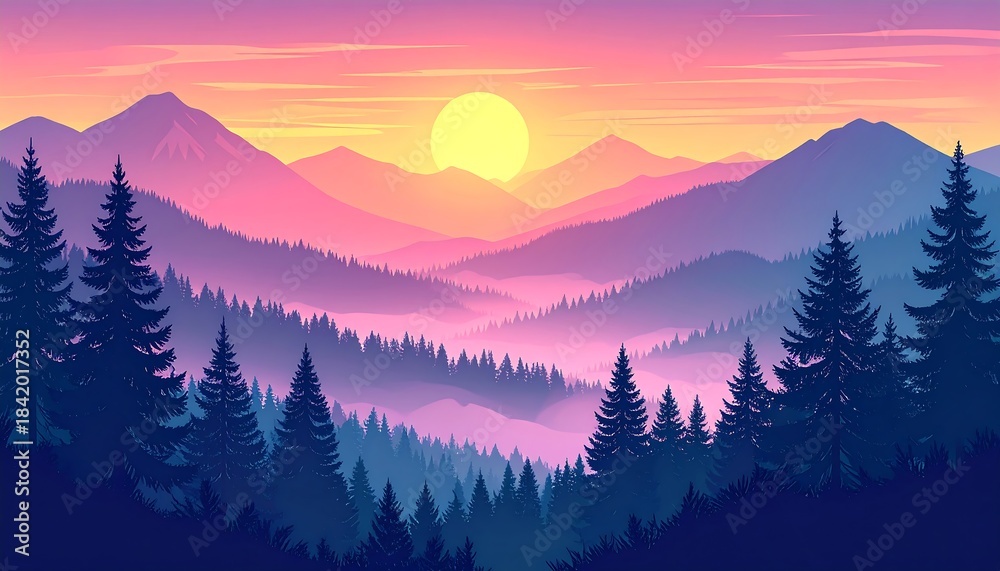 Obraz premium A stylized nature scene features mountains, trees, and a sunset