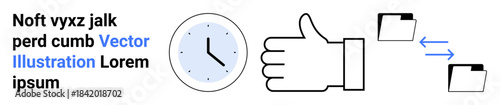Productivity, collaboration, approval process, task organization, document transfer, teamwork. Clock, thumbs-up folder icons with arrows. Productivity and collaboration