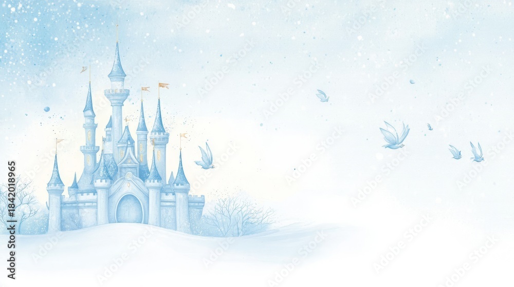 Fototapeta premium Captivating watercolor artwork showcasing a light blue fairy princess castle.