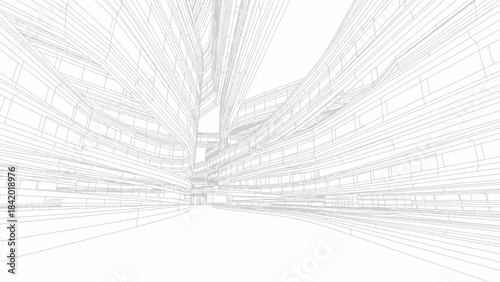 Abstract wireframe rendering of a modern architectural building with complex curved lines and multiple levels, showcasing a futuristic design perspective.