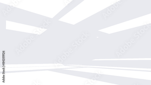 A bright, minimalist white room with geometric light patterns and shadows creating a sense of depth and modern architecture.