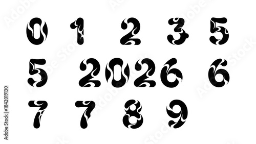 Black and white stylized numbers 0 to 9 isolated on white background